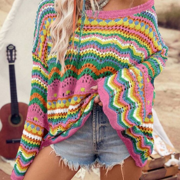 New in Vibrant Summer Crochet Oversized Knit Top - Picture 1 of 4